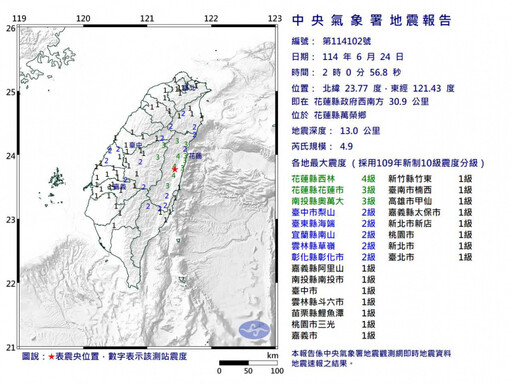 凌晨02:00花蓮規模4.9地震 最大震度4級