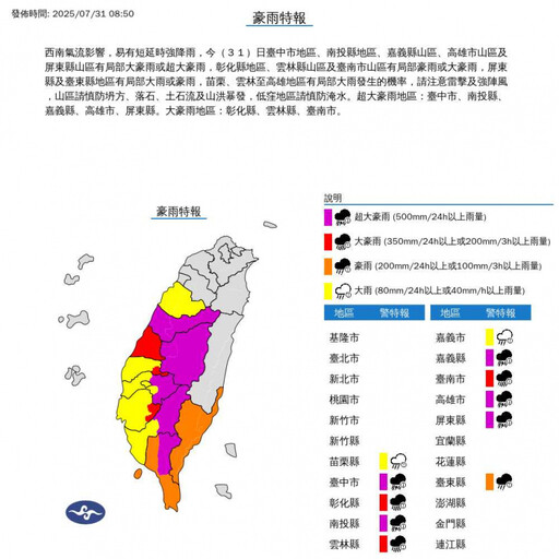 豪雨狂炸「中南部紫爆」15地淹水警戒 粉專示警3地區雨勢劇烈