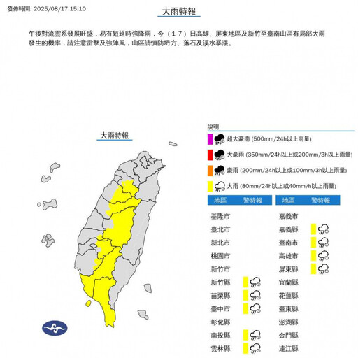 快訊/下班帶傘!新竹以南9縣市大雨下到晚上 5地大雷雨狂轟