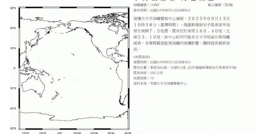 俄羅斯外海發生規模7.7強震 氣象署發布海嘯警訊