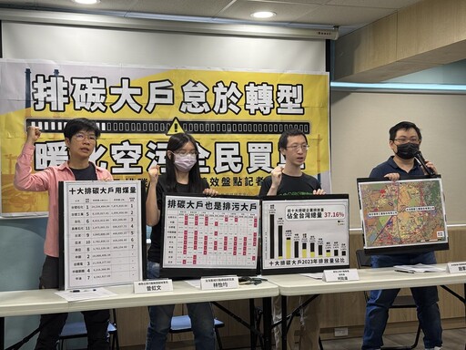 台灣前十大碳排企業占全國排放量近四成 台塑全年用煤與中火相當