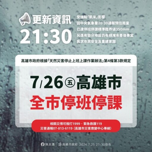 高市府最新決定：預報雨量達標 明日停班停課