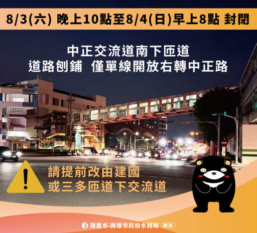 中正交流道路面刨鋪 自8/3晚間22時起至8/4早晨8時西側南下車道封閉