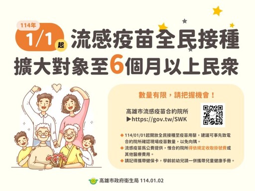 公費流感疫苗開放全民接種至疫苗用罄，趕快去接種