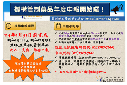 領有管制藥品登記證之機構記得辦理113年全年度管制藥品收支結存申報以免受罰！