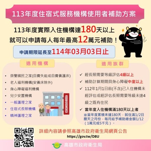 高雄市113年住宿式服務機構使用者補助方案 申請期限延長至114年3月3日止