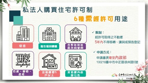 維護居住權益避免住宅短期炒作 中市禁私法人買受超過4千萬住宅作為宿舍