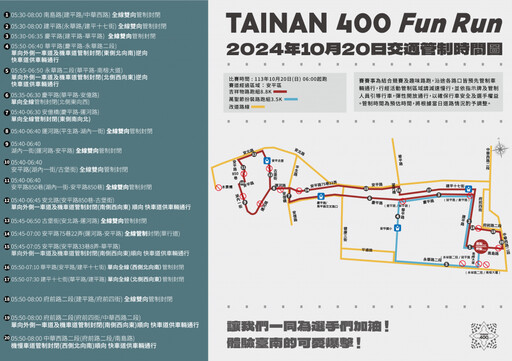 臺南400全民趣味路跑10/20登場 交通管制資訊一次看