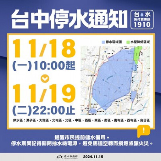 記得儲水備用！台中11區11/18上午10時起停水36小時 同步設置81處臨時供水站