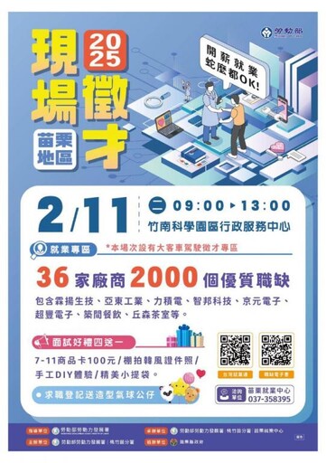 桃竹苗分署苗栗兩場徵才2/11及2/22登場 逾60家企業提供2200職缺