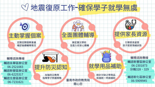 0121地震災後重建 南市教育局確保學生安心就學 全力守護學子身心健康