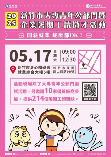 新竹就業中心x竹市府 涵蓋產官學暑期工讀5/17逾300個職缺等你來