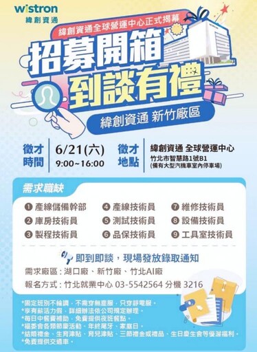 緯創資通全新啟用位於竹北的全球營運中心 6/21現場大舉徵才近千職缺