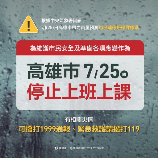 凱米颱風襲台 高市府宣布25日停班停課