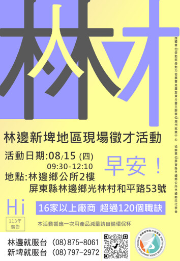 潮州就業中心8/15林邊聯合徵才 逾100個工作機會 起薪上看4萬