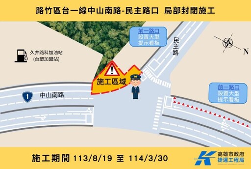 路竹區台一線中山南路、岡山北路 局部封閉施工行駛小心