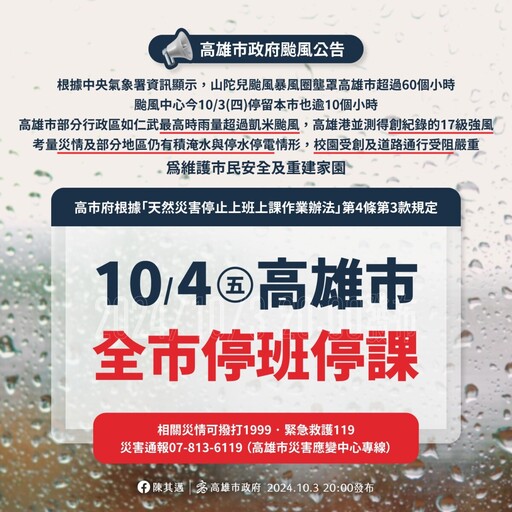 高雄山陀兒颱風肆虐災後重建 市府宣布10/4停班停課