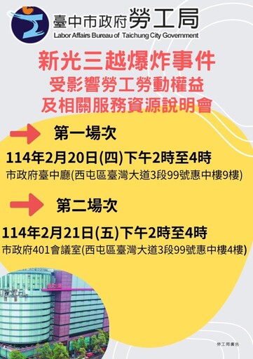 中市勞工局2/20、2/21召開新光三越爆炸案勞權說明會