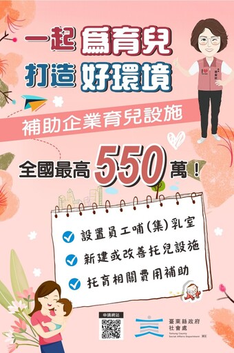 全國首創!臺東縣加碼補助新建托兒設施最高550萬元