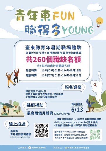 臺東青年暑期職場體驗 260個青年好職等你來體驗快投履歷