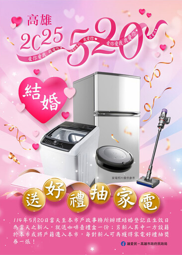 高市府寵愛新人 520登記結婚大放送 限量禮盒+7組家電等你抽