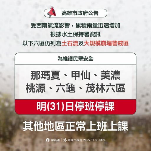 西南氣流猛襲！高雄六山區明日防災停班停課警戒中