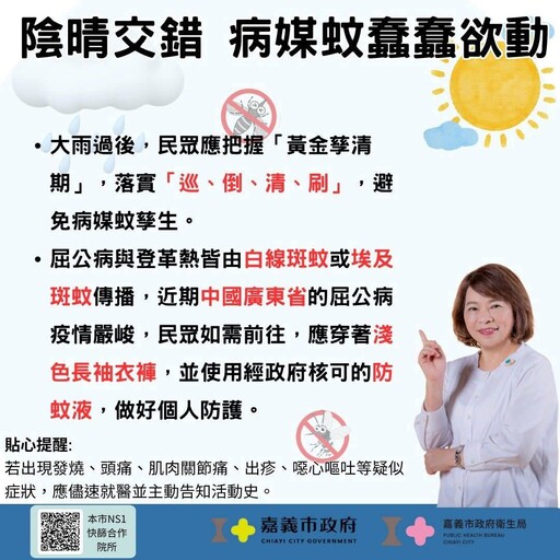 雨後積水藏病媒蚊 嘉市呼籲落實「巡、倒、清、刷」防登革熱與傳染病