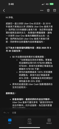 Uber Eats明起會員權益縮水 北市府說話了