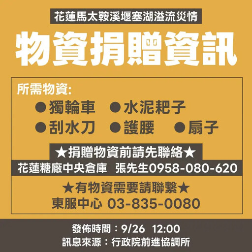 災後清潔、復災 經部公布花蓮洪災所需物資