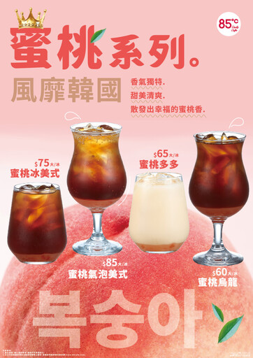 85℃蜜桃系列清爽登場 韓系果香×氣泡美式半價喝