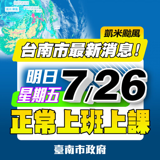 凱米颱風遠離 南市府宣布7/26正常上班上課