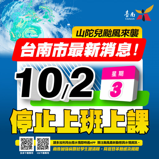 強颱山陀兒風力達標 南市府宣布2日停止上班上課