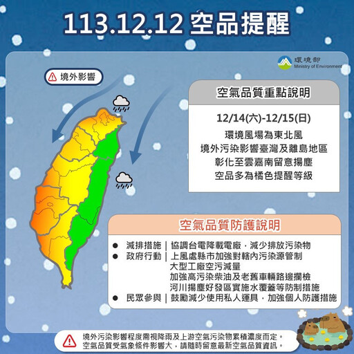 大陸冷氣團將至 環境部：12/14凌晨起境外污染物將影響台灣空品