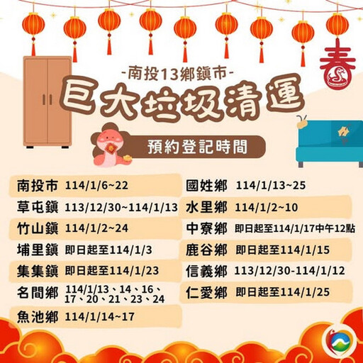 除舊佈新迎新年 南投13鄉鎮市巨大垃圾清運時程出爐