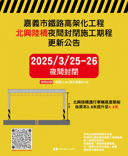 配合鐵高施工 北興陸橋3/25、26夜間全線封閉