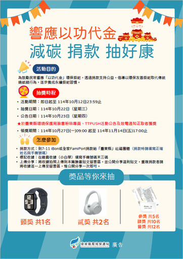 臺東抽獎活動開跑! 「以功代金」捐款就有機會抽Apple Watch等多項好禮