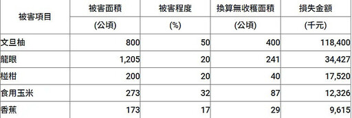 農業部公布首波丹娜絲颱風農業災情報告 文旦柚損失達1.184億元
