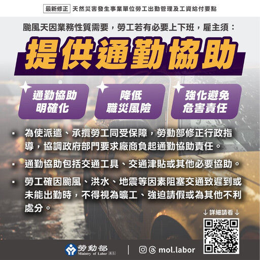 勞工於颱風天出勤 雇主應提供通勤協助