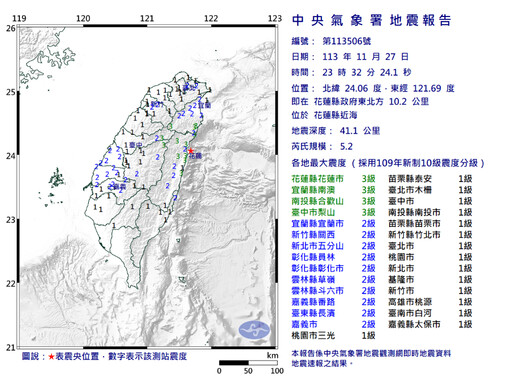 花蓮近海深夜地牛翻身 規模5.2最大震度3級