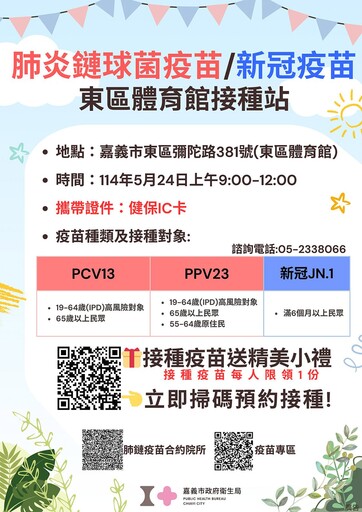 共同防範新冠疫情高峰期 嘉義市5/24大型接種站名額開放預約中
