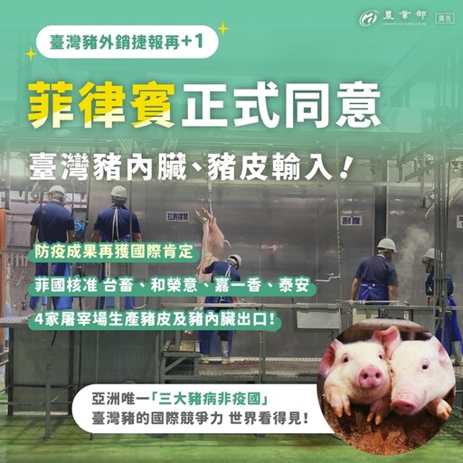 台灣豬拓展新市場!農業部:我國4家屠宰場獲准豬內臟及豬皮輸銷菲律賓