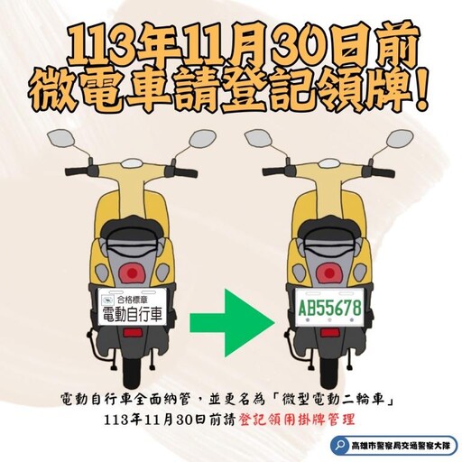 高市交通大隊提醒:微型電動二輪車11月底前儘速掛牌