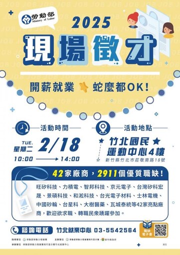 科技業x製造業x餐飲業x服務業 42家廠商2/18竹北現場徵才2911職缺