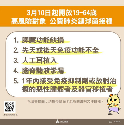 守護民眾健康 竹市3/10起開放19-64歲高風險對象免費接種肺炎鏈球菌疫苗