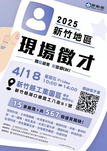 桃竹苗分署4/18攜手15家廠商竹縣徵才 工程師職缺招募薪資上看60K