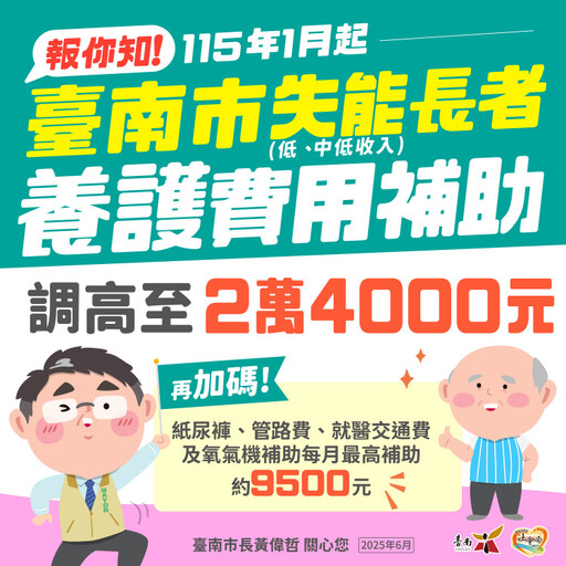 南市布建普及長照服務 黃偉哲宣布調升低收及中低失能養護費補助