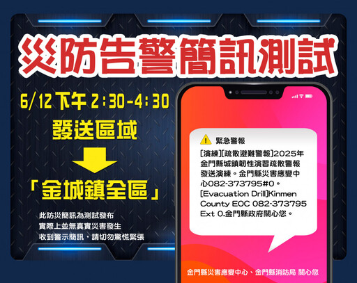 金門災害應變中心6/12下午金城演練災防告警簡訊發送!收到請勿驚慌
