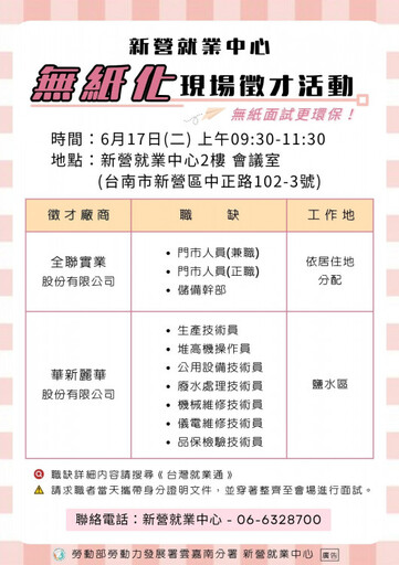 新營就業e化徵才6/17登場 無紙面試環保又便利