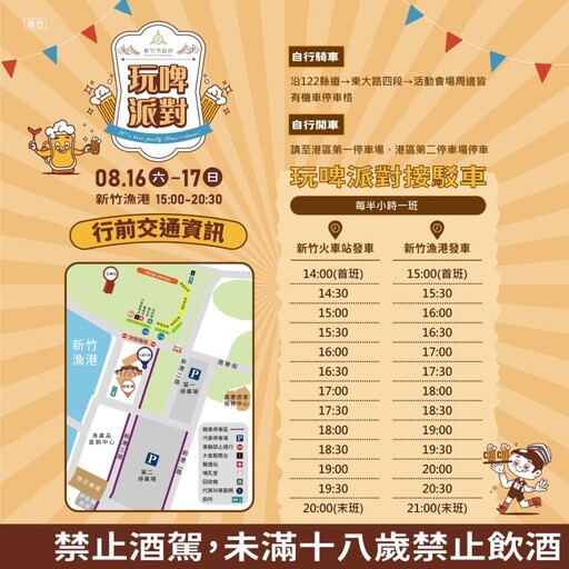竹市「玩啤派對」8/16新竹漁港嗨翻登場 接駁車、交管措施一次看