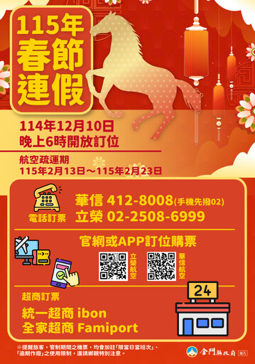 首波115年春節臺金機票 12/10晚18時開放訂位